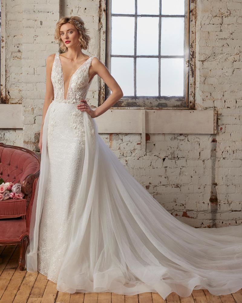 123244 fitted sparkly wedding dress with overskirt and tank straps3